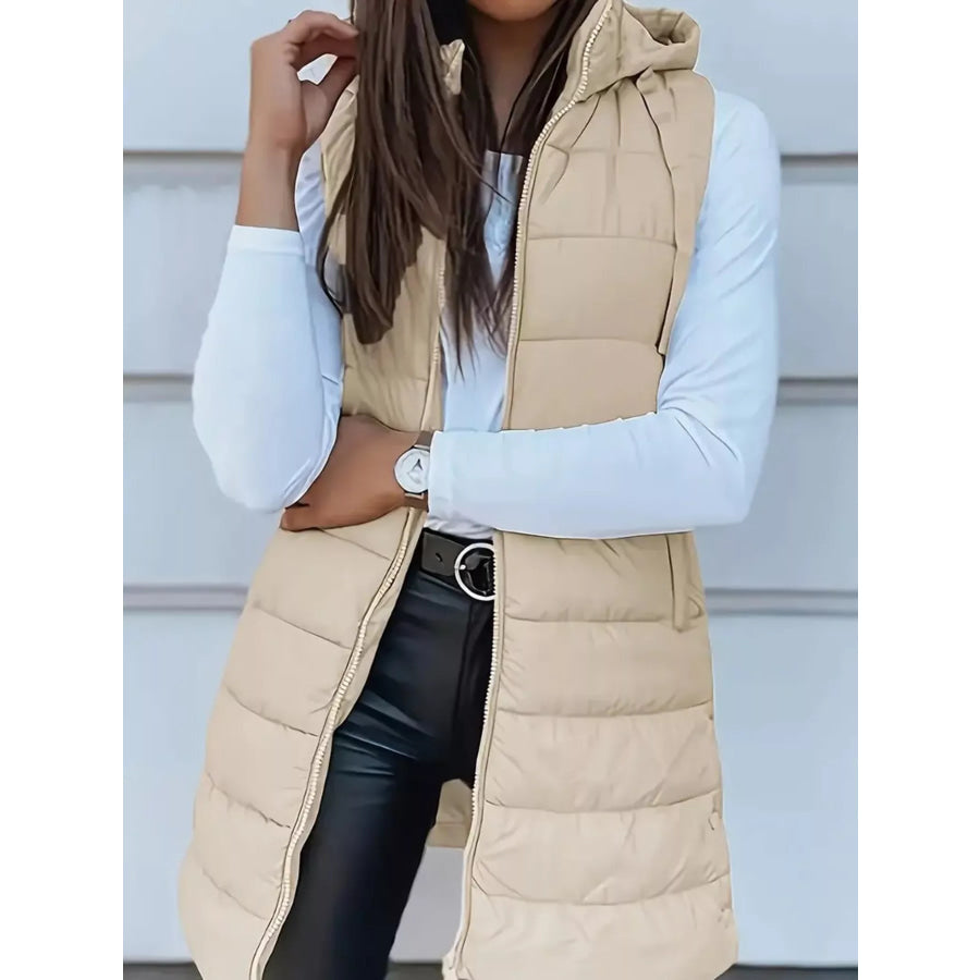 Zip Up Longline Hooded Puffer Vest Coat Tan / S Apparel and Accessories