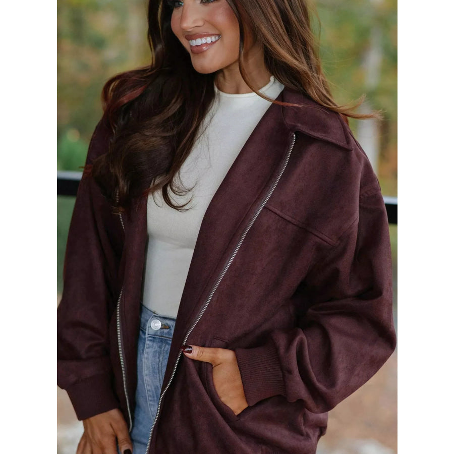 Zip-up Metal Placket Collar Long Sleeve Jacket Apparel and Accessories
