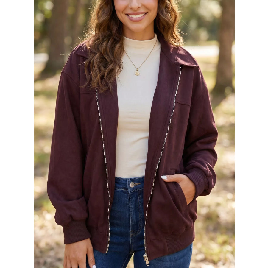 Zip-up Metal Placket Collar Long Sleeve Jacket Chocolate / S Apparel and Accessories
