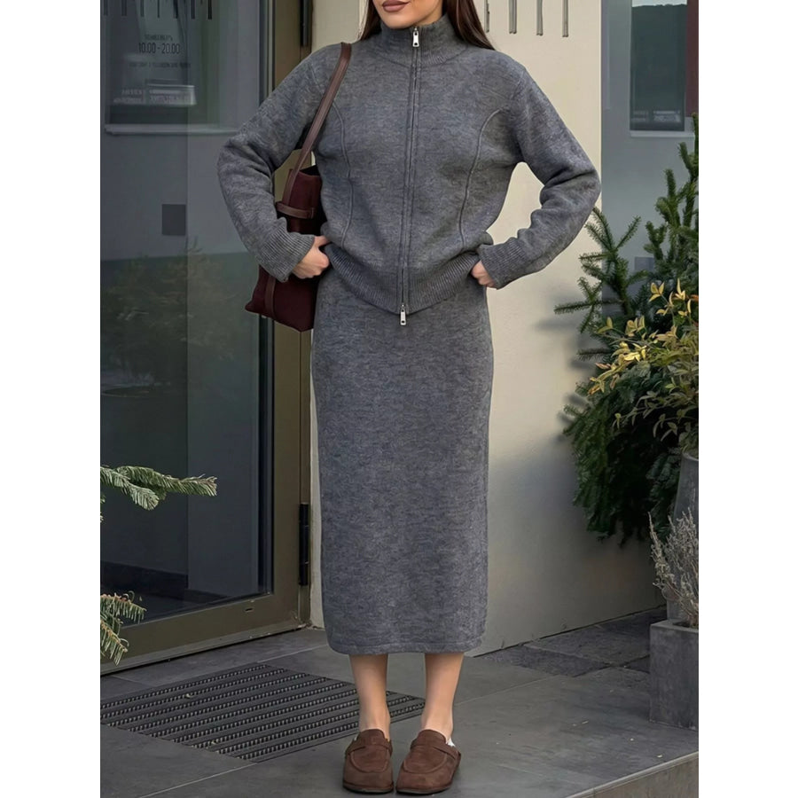 Zip-Up Mock Neck Cardigan and Matching Midi Skirt Sweater Set Apparel Accessories