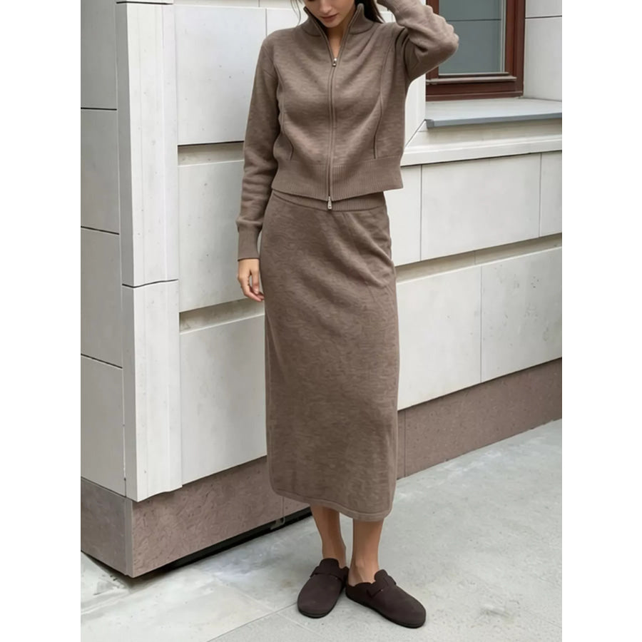 Zip-Up Mock Neck Cardigan and Matching Midi Skirt Sweater Set Apparel Accessories