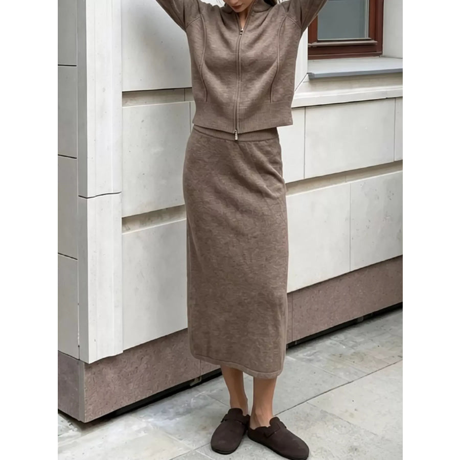 Zip-Up Mock Neck Cardigan and Matching Midi Skirt Sweater Set Apparel Accessories
