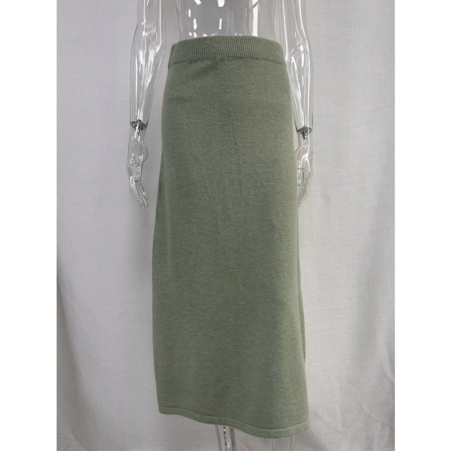 Zip-Up Mock Neck Cardigan and Matching Midi Skirt Sweater Set Apparel Accessories