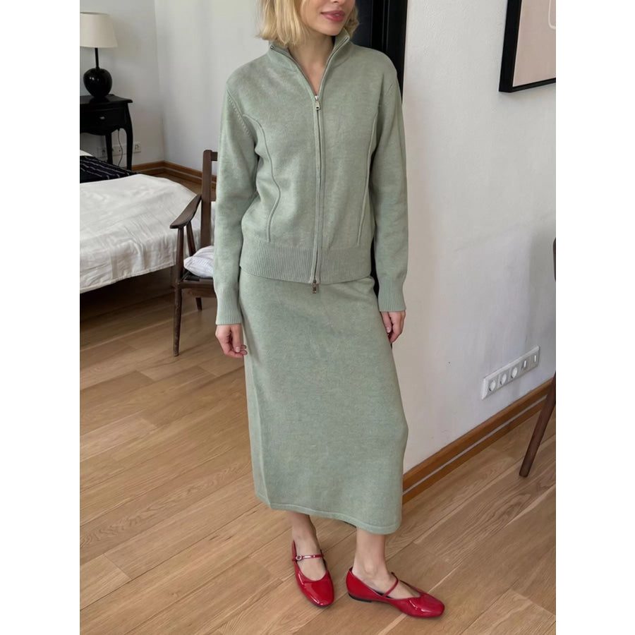 Zip-Up Mock Neck Cardigan and Matching Midi Skirt Sweater Set Apparel Accessories