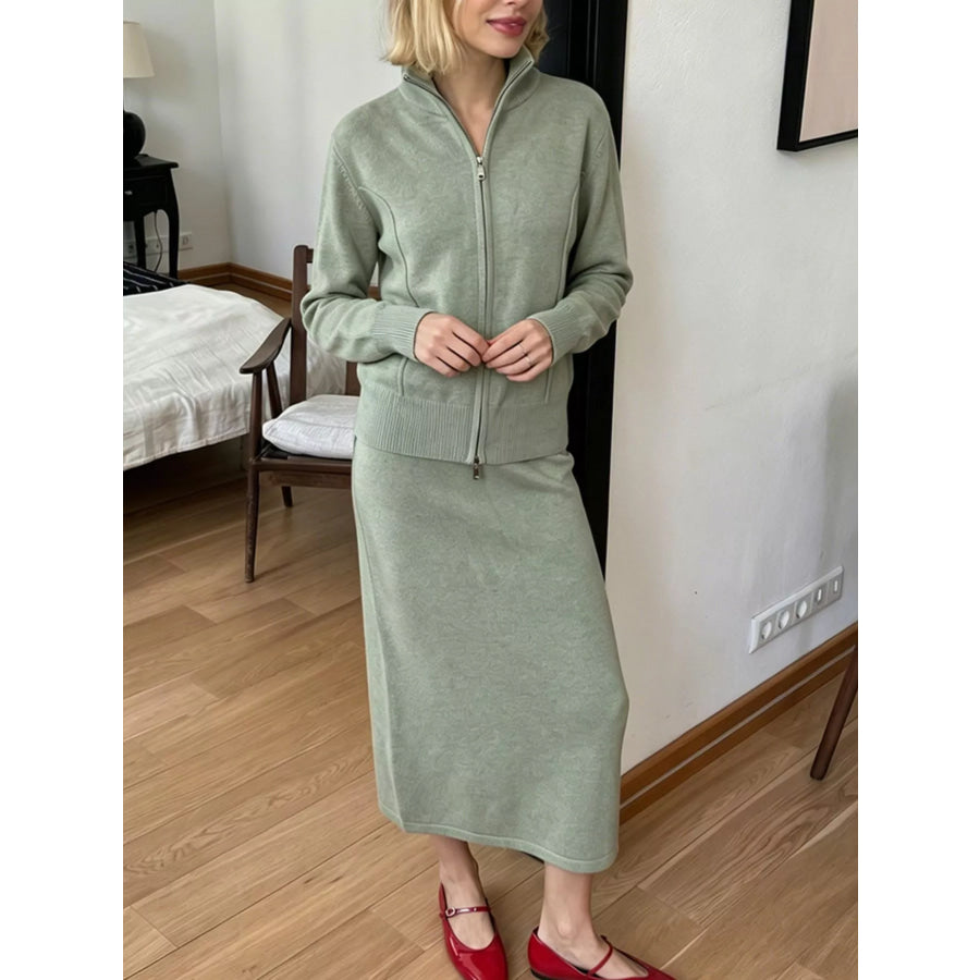 Zip-Up Mock Neck Cardigan and Matching Midi Skirt Sweater Set Apparel Accessories