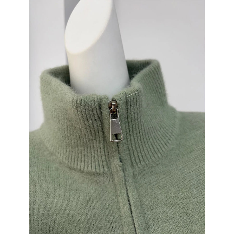 Zip-Up Mock Neck Cardigan and Matching Midi Skirt Sweater Set Apparel Accessories