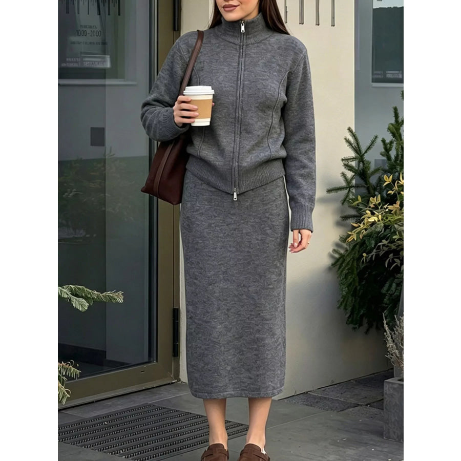 Zip-Up Mock Neck Cardigan and Matching Midi Skirt Sweater Set Dark Gray / One Size Apparel Accessories