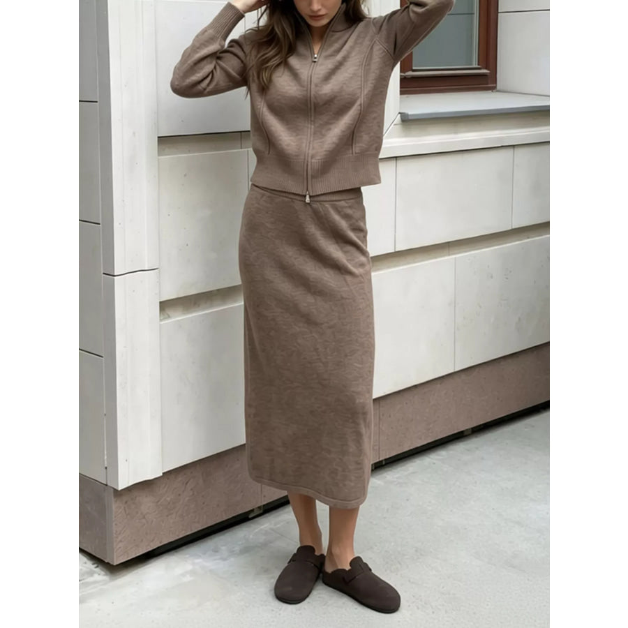 Zip-Up Mock Neck Cardigan and Matching Midi Skirt Sweater Set Apparel Accessories