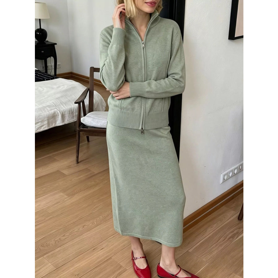 Zip-Up Mock Neck Cardigan and Matching Midi Skirt Sweater Set Apparel Accessories