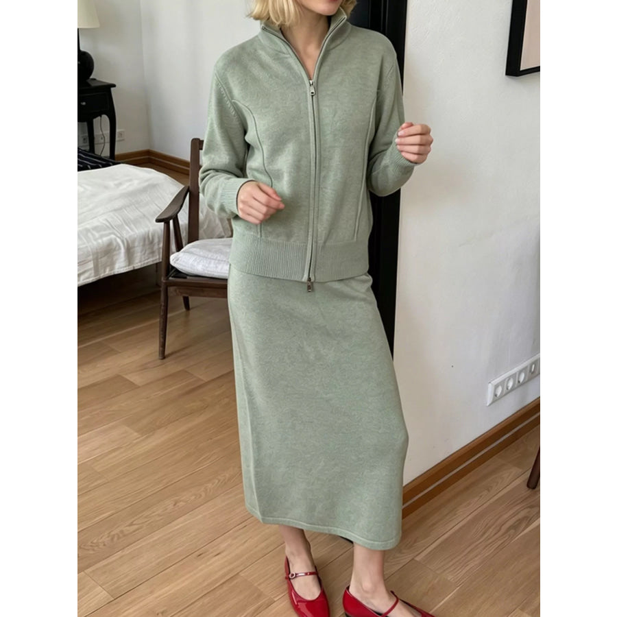 Zip-Up Mock Neck Cardigan and Matching Midi Skirt Sweater Set Apparel Accessories