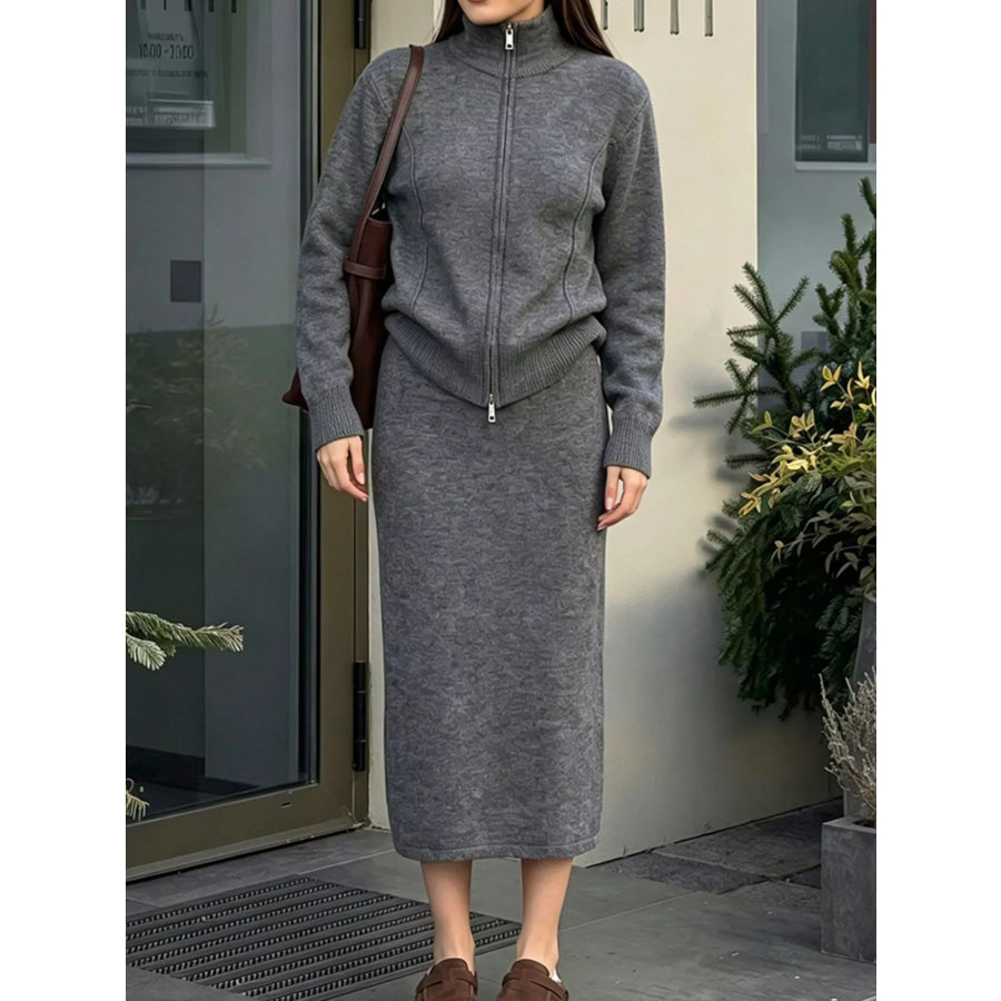 Zip-Up Mock Neck Cardigan and Matching Midi Skirt Sweater Set Apparel Accessories