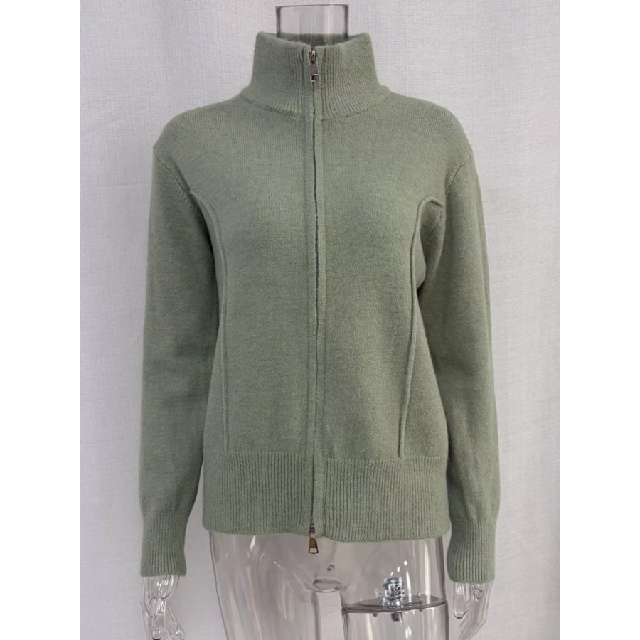 Zip-Up Mock Neck Cardigan and Matching Midi Skirt Sweater Set Apparel Accessories