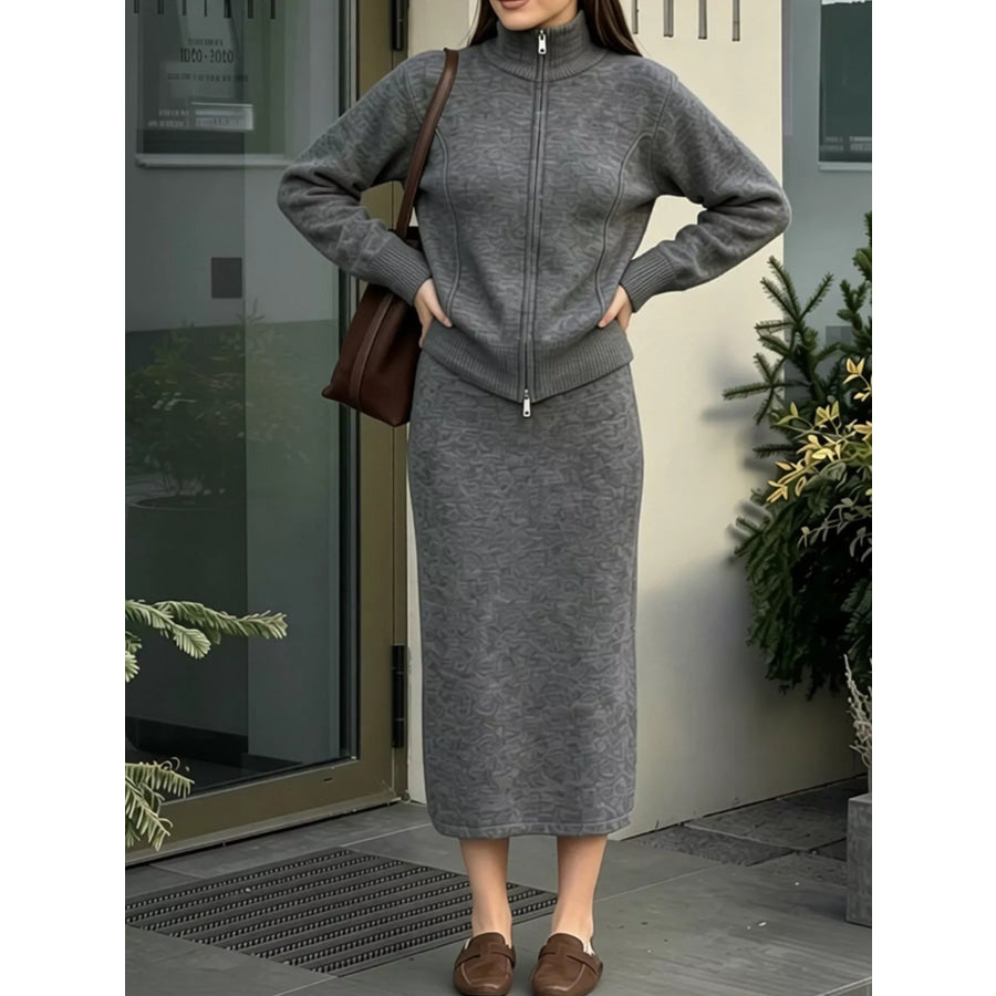 Zip-Up Mock Neck Cardigan and Matching Midi Skirt Sweater Set Apparel Accessories