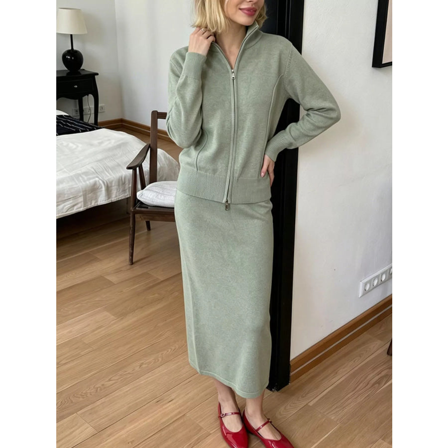 Zip-Up Mock Neck Cardigan and Matching Midi Skirt Sweater Set Sage / One Size Apparel Accessories