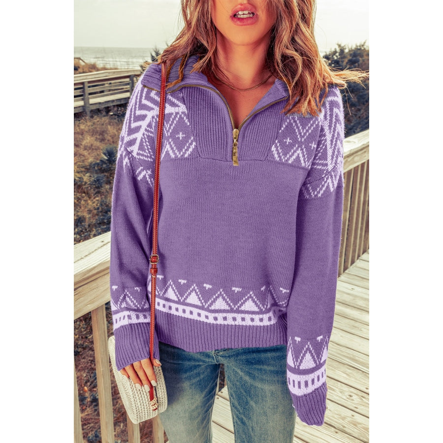 Zip-Up Mock Neck Dropped Shoulder Pullover Sweater Lavender / S