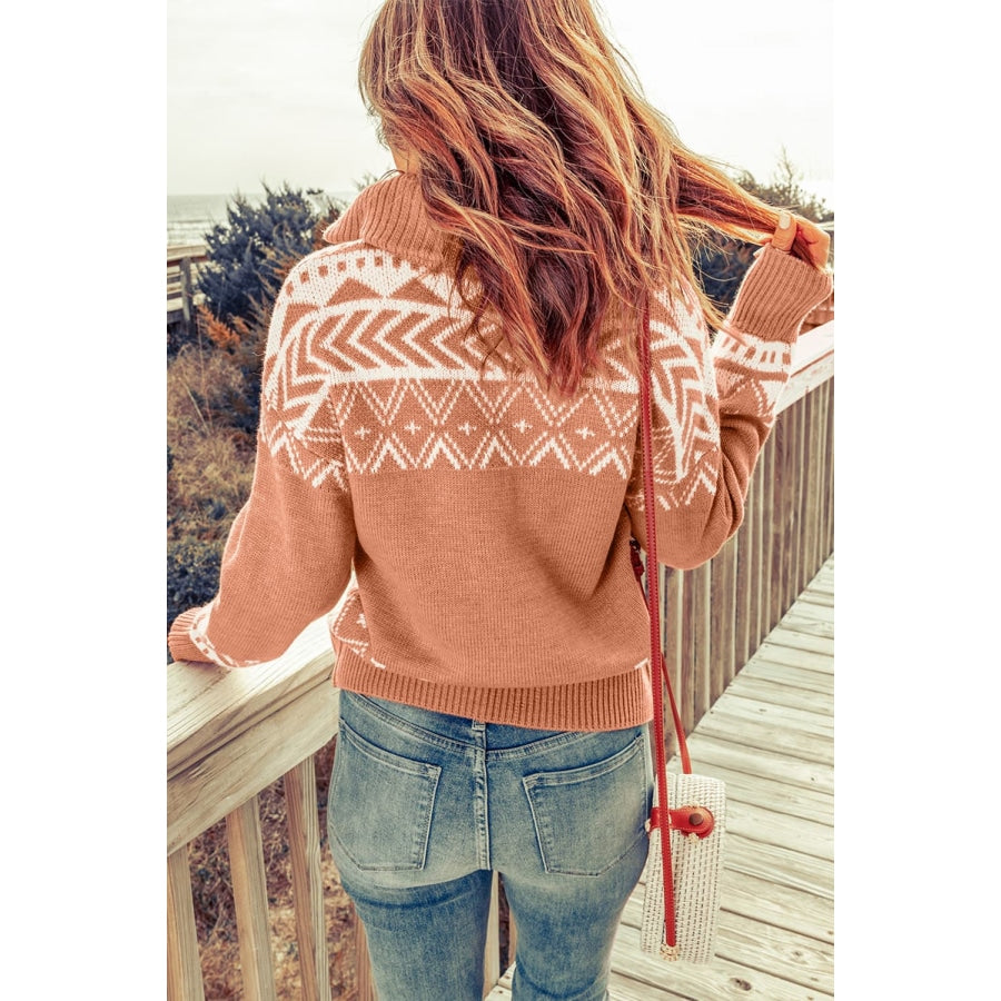 Zip-Up Mock Neck Dropped Shoulder Pullover Sweater Peach / S