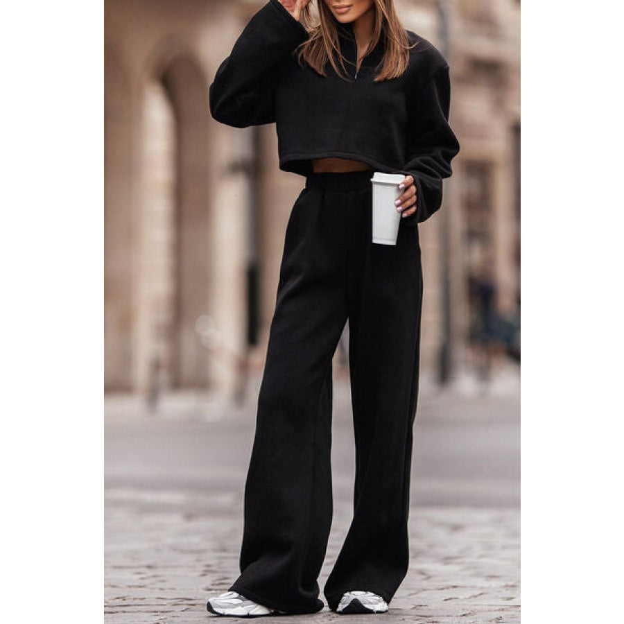 Zip Up Mock Neck Top and Pants Set Black / S Clothing