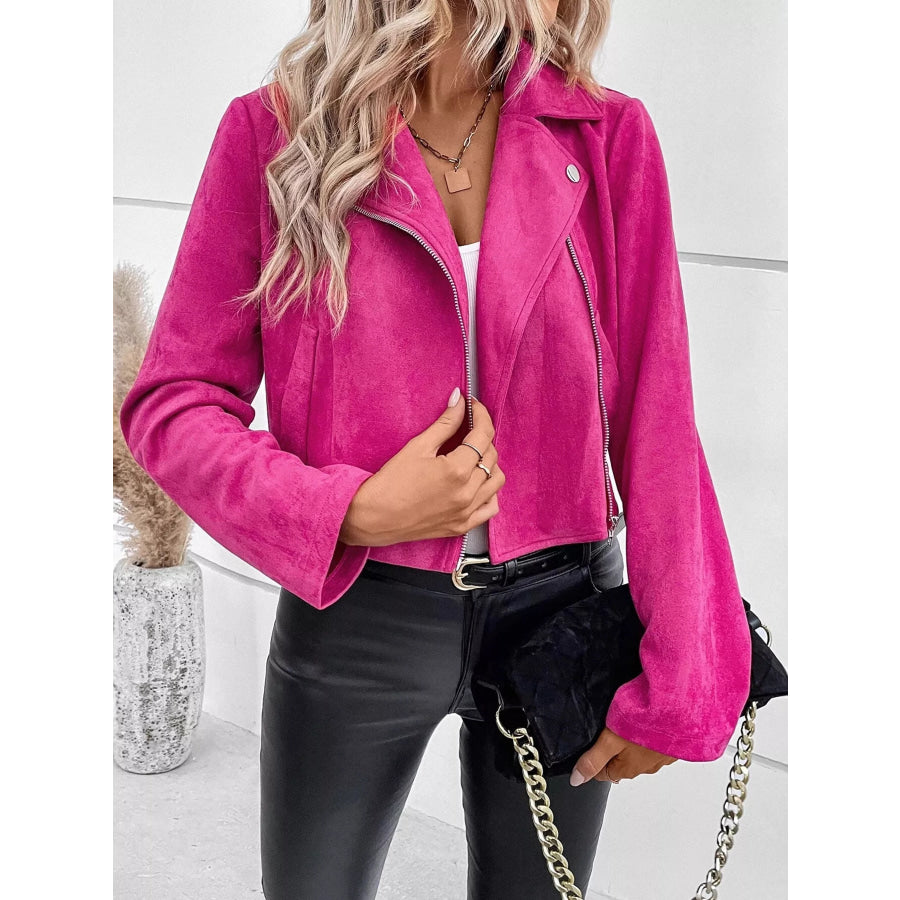 Zip Up Moto Jacket Fuchsia Pink / S Apparel and Accessories