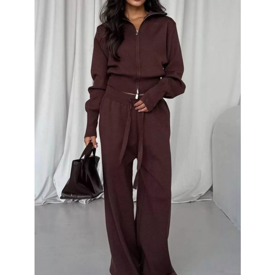Zip-Up Outerwear and Drawstring Pants Set Coffee Brown / S Apparel and Accessories