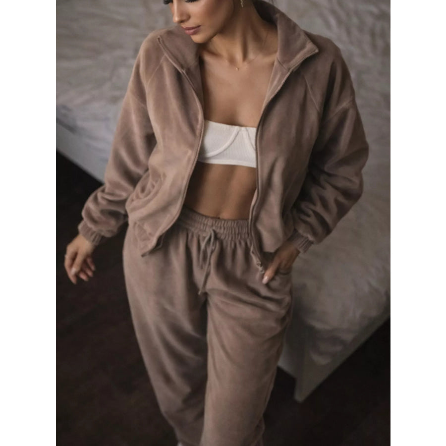 Zip-Up Outerwear and Pants Set Khaki / S Apparel Accessories