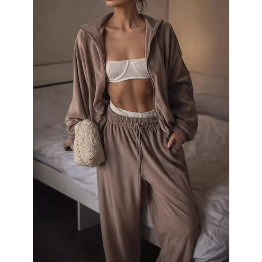 Zip-Up Outerwear and Pants Set Khaki / S Apparel Accessories