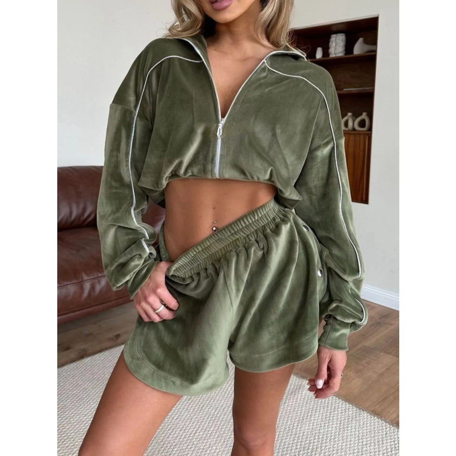 Zip-Up Outerwear and Shorts Set Army Green / S Apparel and Accessories
