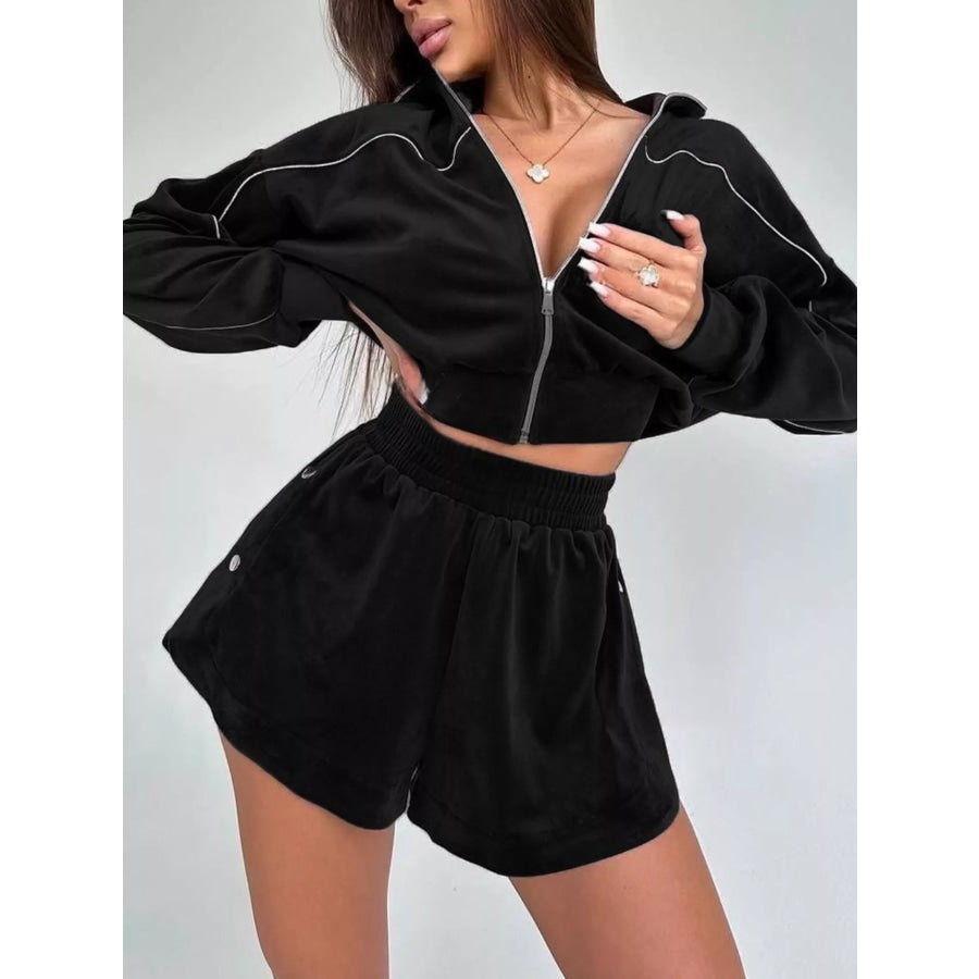 Zip-Up Outerwear and Shorts Set Black / S Apparel and Accessories