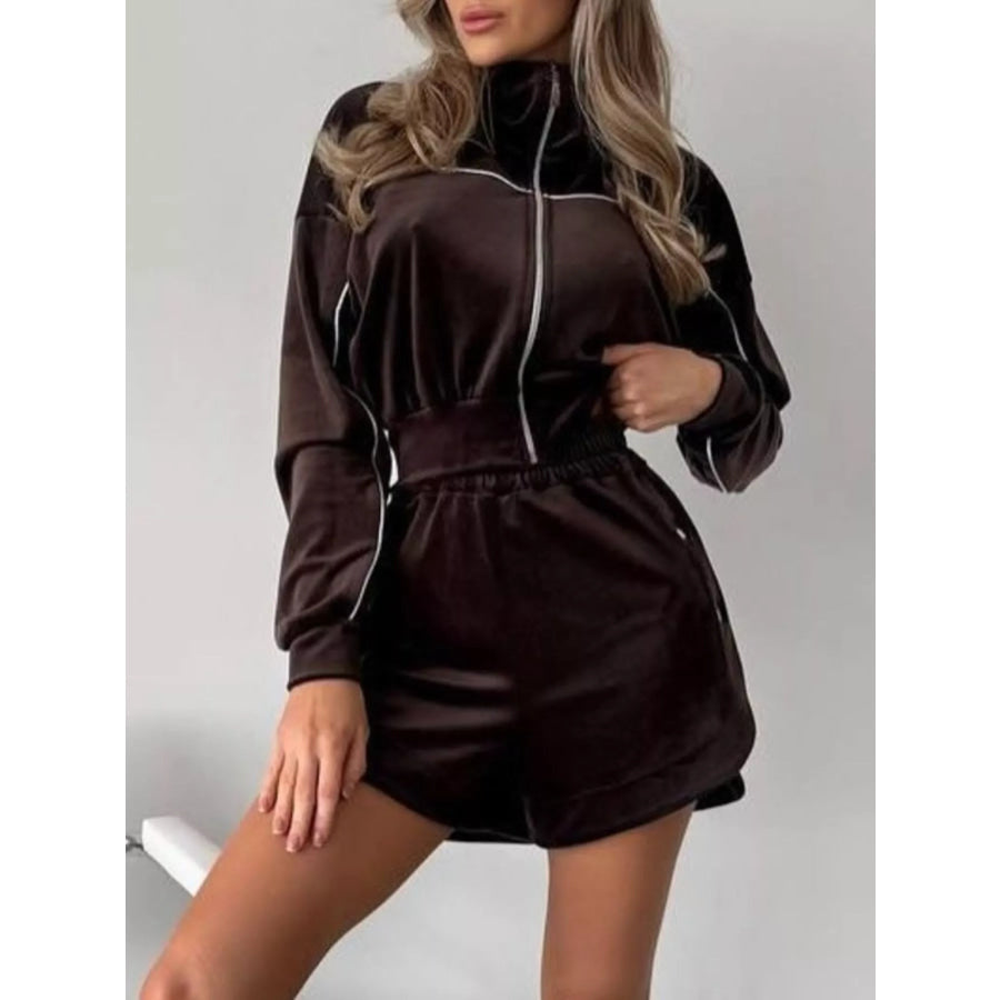 Zip-Up Outerwear and Shorts Set Brown / S Apparel and Accessories