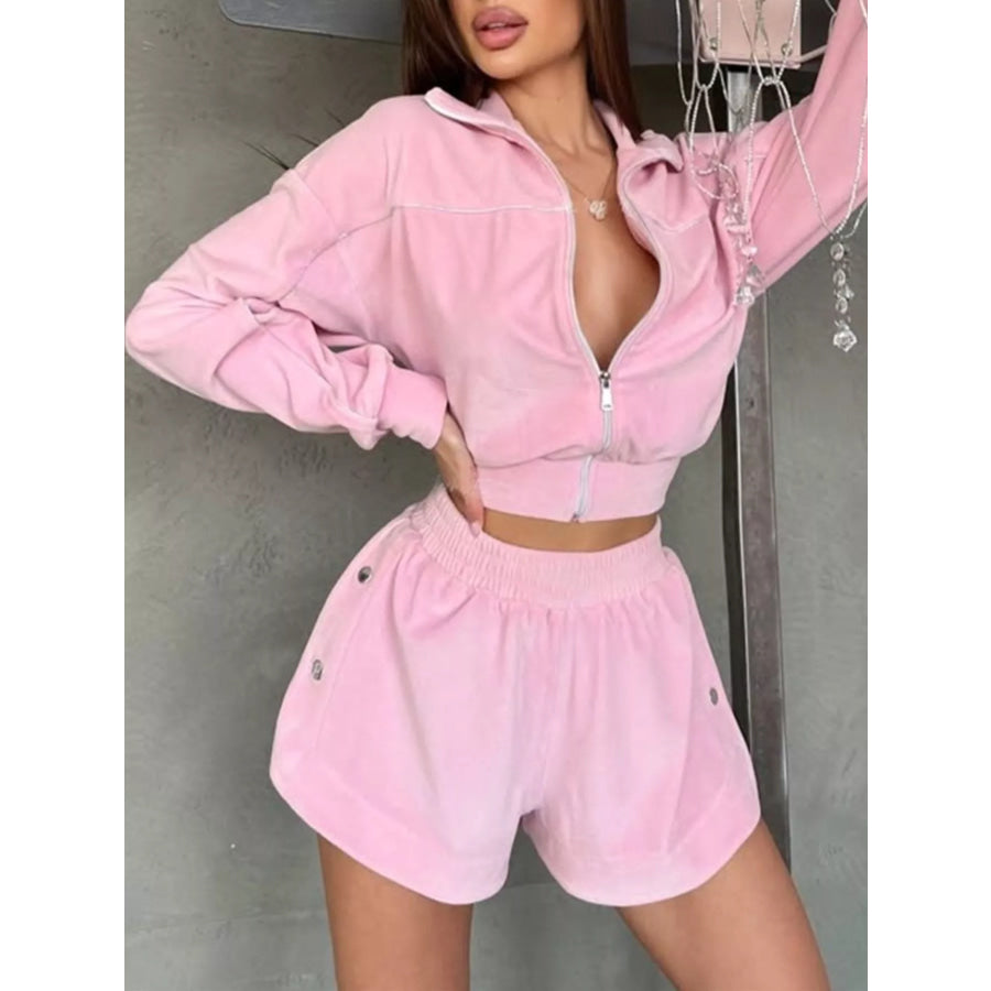 Zip-Up Outerwear and Shorts Set Pink / S Apparel and Accessories