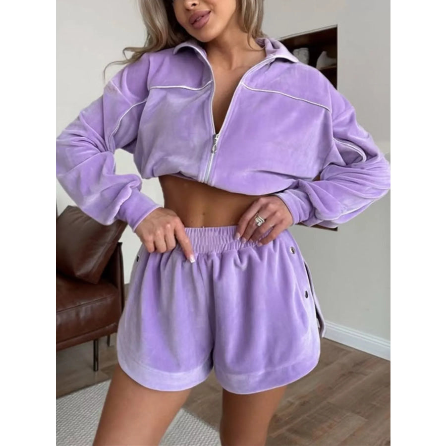 Zip-Up Outerwear and Shorts Set Purple / S Apparel and Accessories