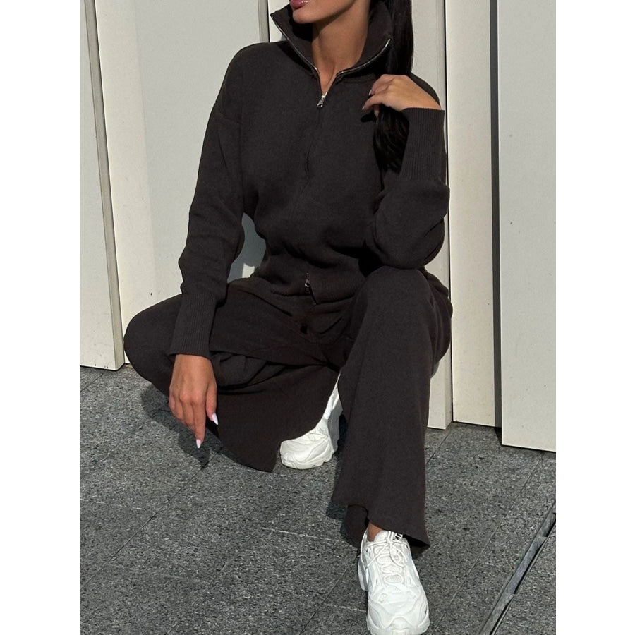 Zip Up Outerwear and Wide Leg Pants Set Black / One Size Apparel and Accessories