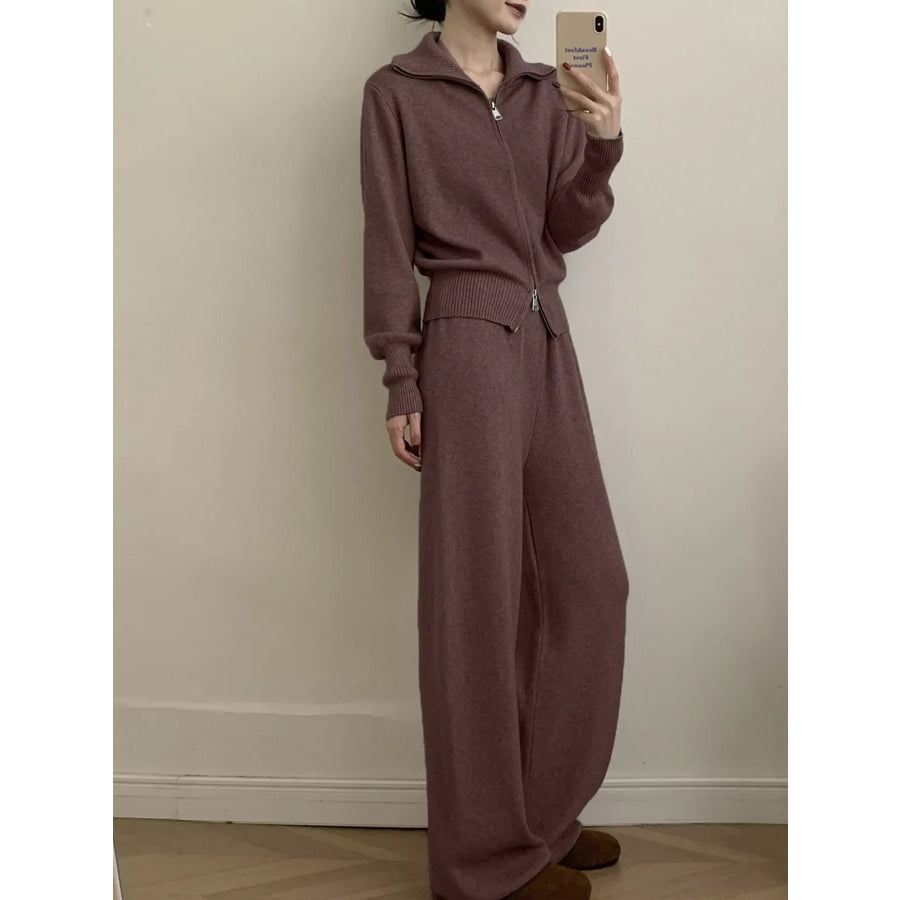 Zip Up Outerwear and Wide Leg Pants Set Brown / One Size Apparel and Accessories