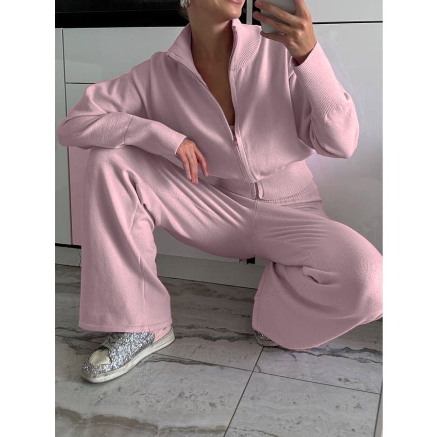 Zip Up Outerwear and Wide Leg Pants Set Pink / One Size Apparel and Accessories
