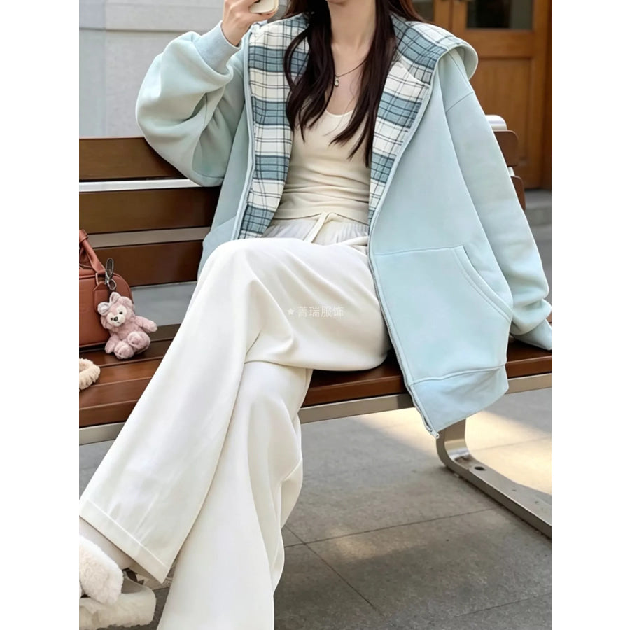 Zip-Up Plaid Lining Hoodie Apparel and Accessories