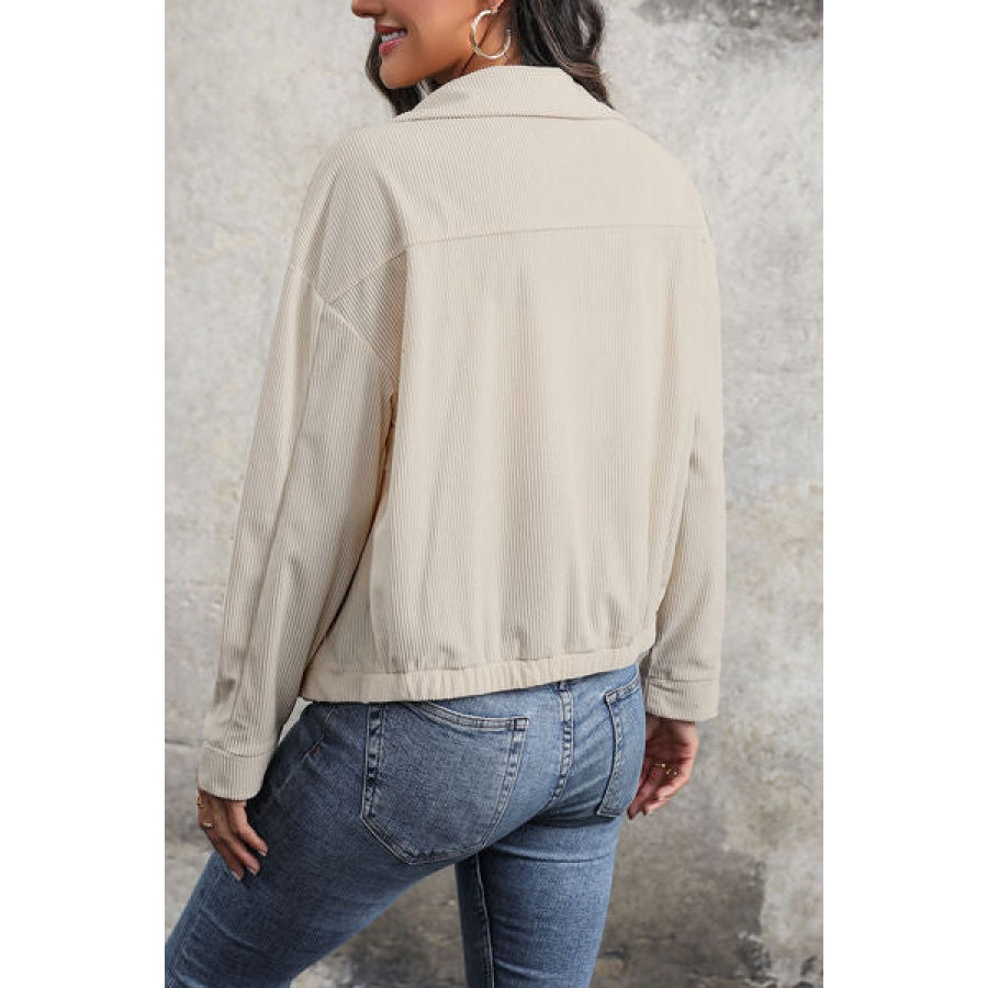 Zip Up Pocketed Collared Neck Dropped Shoulder Jacket Beige / S Clothing