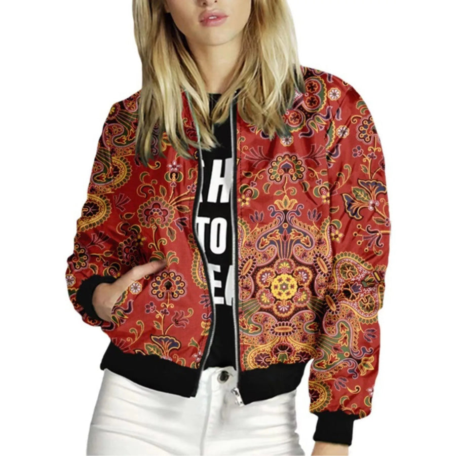 Zip Up Printed Jacket Red / S Apparel and Accessories