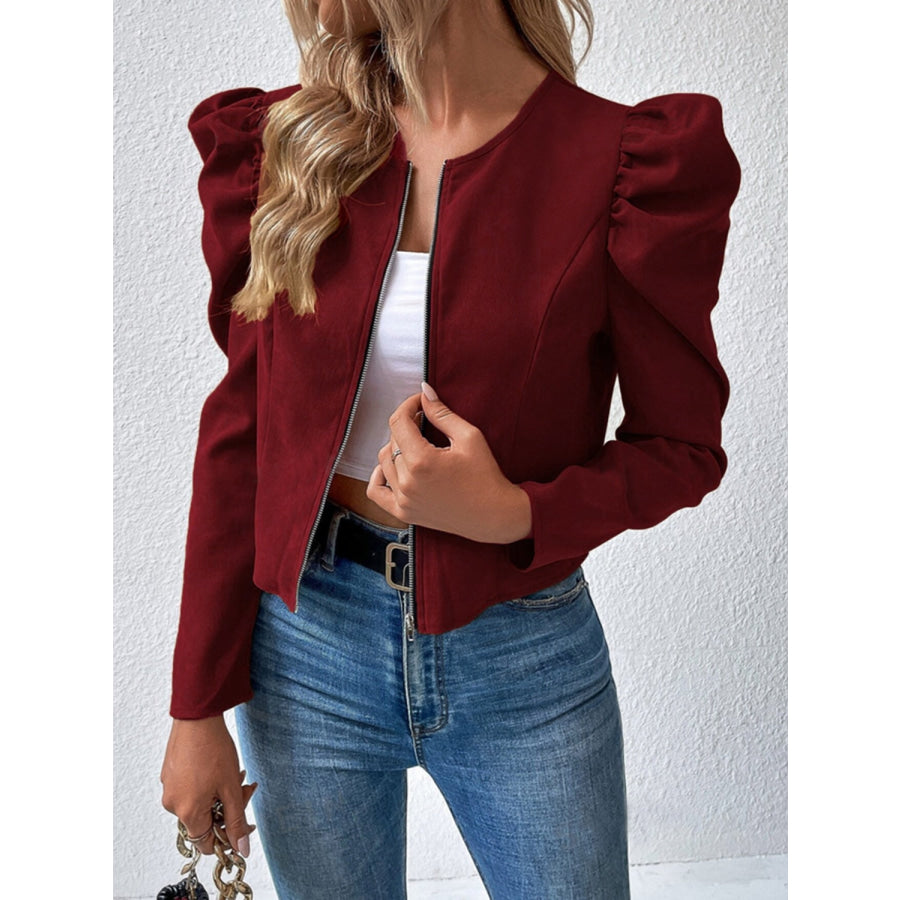 Zip Up Puff Sleeve Jacket Burgundy / S Apparel and Accessories