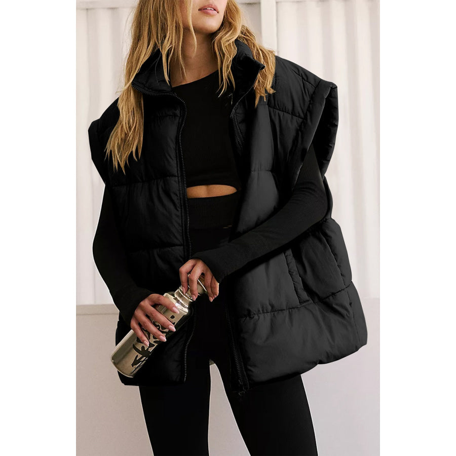 Zip Up Puffer Vest Coat with Pockets Black / S Apparel and Accessories