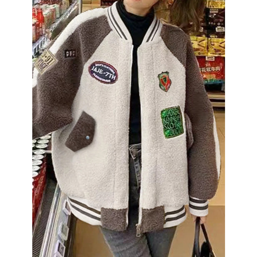 Zip Up Raglan Sleeve Fleece Jacket Khaki / One Size Apparel and Accessories