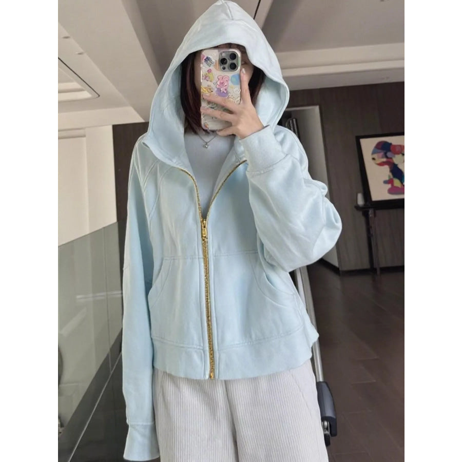 Zip Up Raglan Sleeve Hoodie Milky Blue-Gold Zipper Spring And Fall / S Apparel Accessories