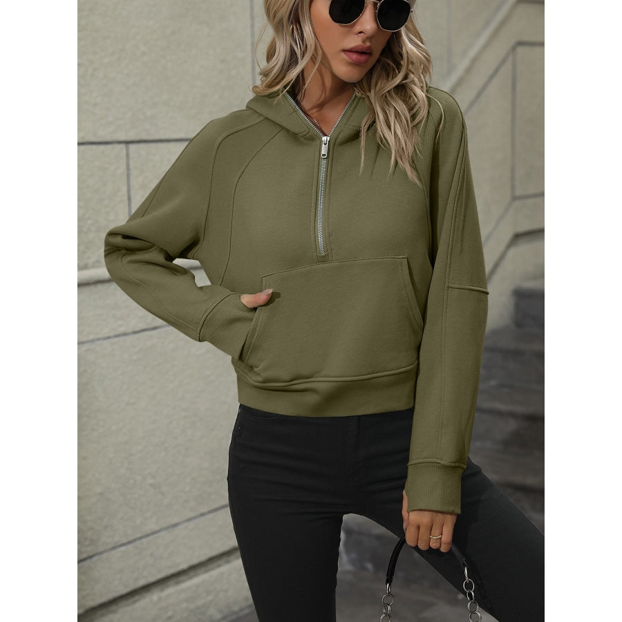 Zip-Up Raglan Sleeve Hoodie with Pocket Army Green / S