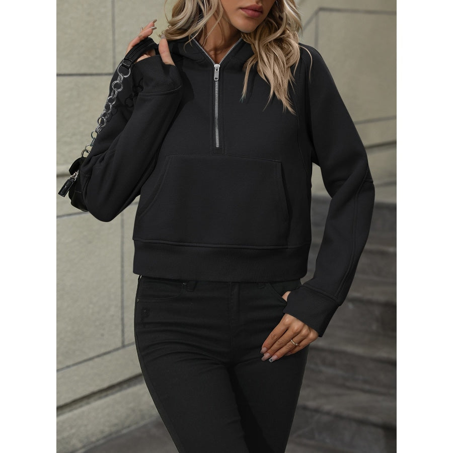 Zip-Up Raglan Sleeve Hoodie with Pocket Black / S