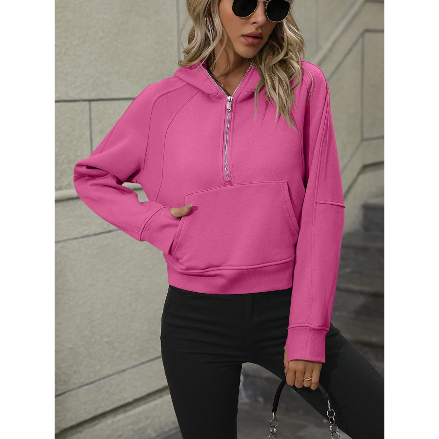 Zip-Up Raglan Sleeve Hoodie with Pocket Hot Pink / S