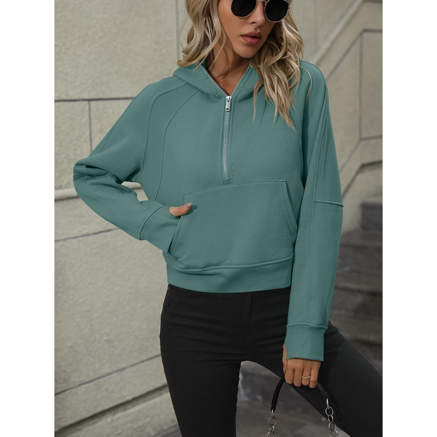 Zip-Up Raglan Sleeve Hoodie with Pocket Teal / S