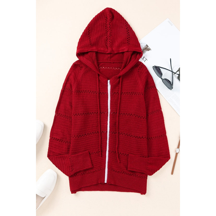 Zip-Up Raglan Sleeve Openwork Hooded Cardigan Deep Red / S
