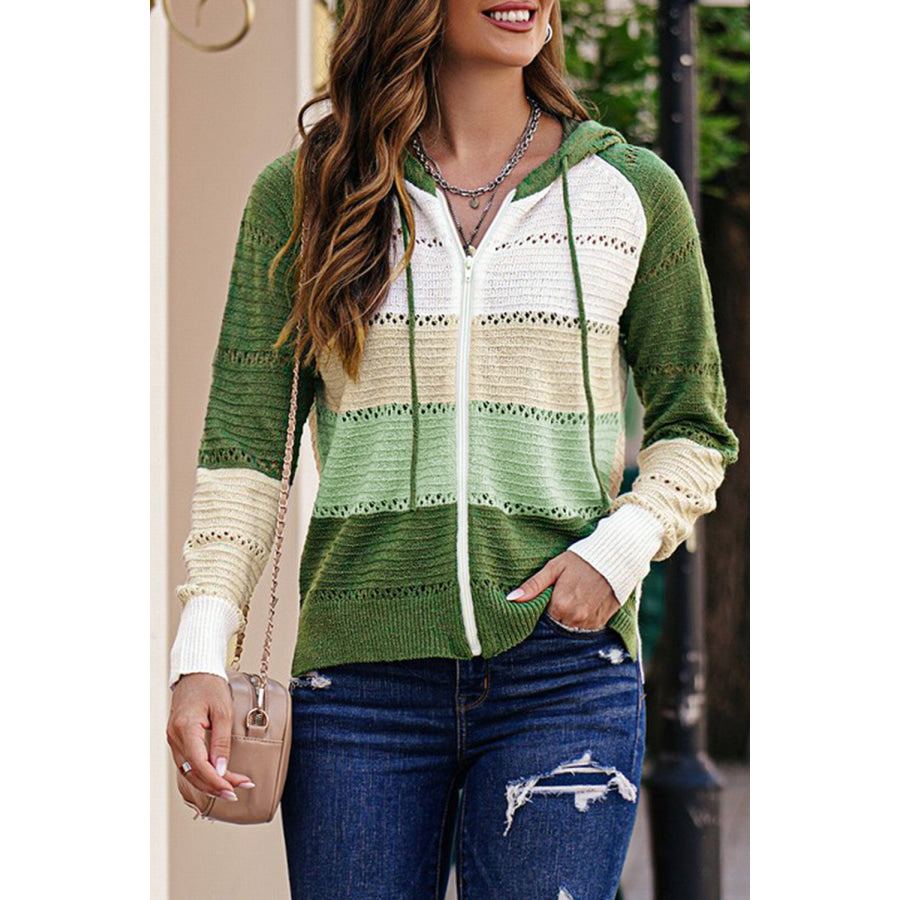 Zip-Up Raglan Sleeve Openwork Hooded Cardigan Green / S