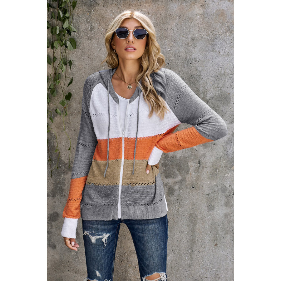 Zip-Up Raglan Sleeve Openwork Hooded Cardigan