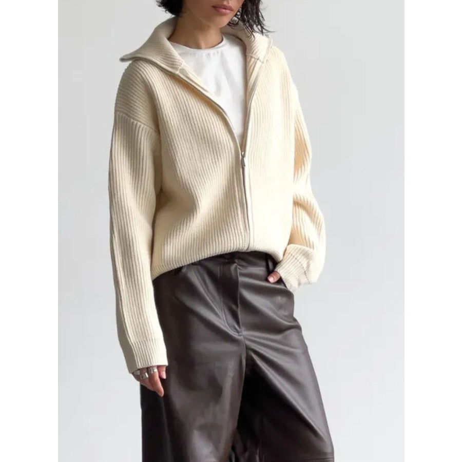 Zip-Up Ribbed Knit Cardigan Apparel and Accessories