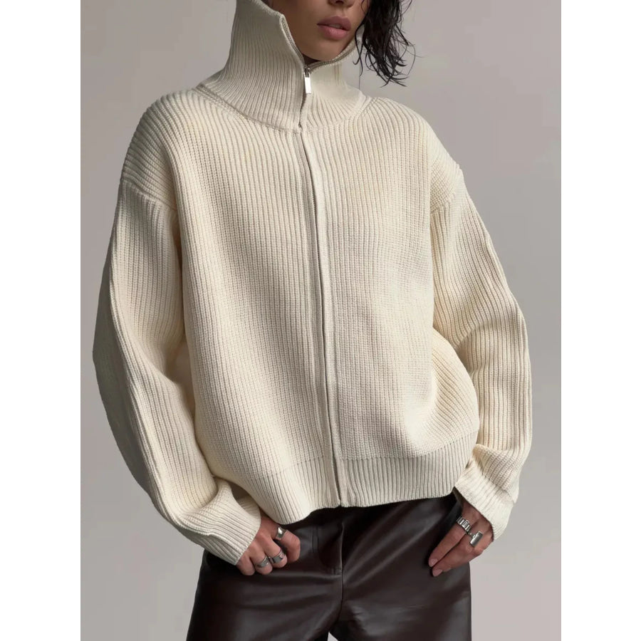 Zip-Up Ribbed Knit Cardigan Apparel and Accessories