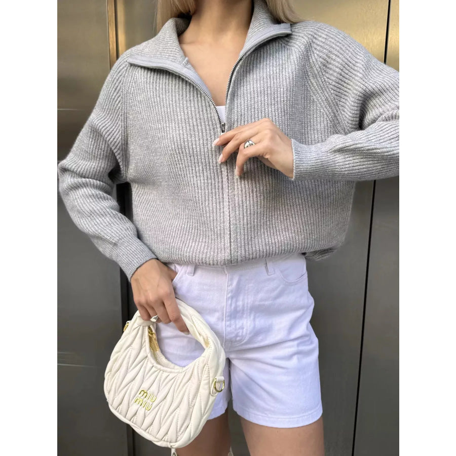Zip-Up Ribbed Knit Cardigan Apparel and Accessories